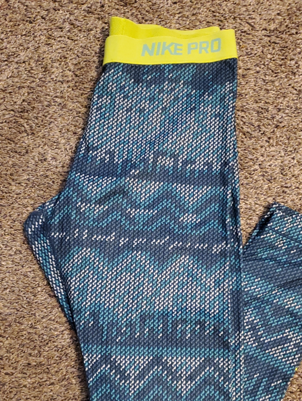 Nike Blue Patterned Leggings with Yellow Waistband